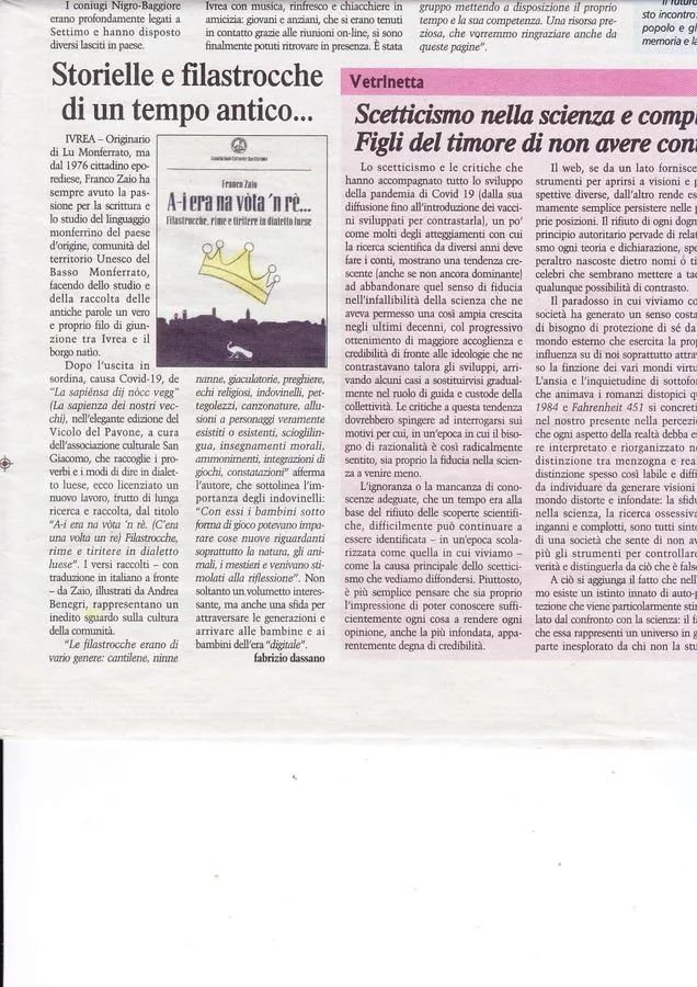 Recensione sul “Risveglio” dell' 8 luglio, del Prof. Fabrizio Dassano (Presidente dell’Associazione “I luoghi e la storia"), del nostro "Ai era 'na vota 'n re"